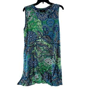 Sleeveless Floral Patterned AGB Dress XL Blue & Green